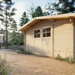 Uroczy domek ogrodnika drewniany, idealny na narzędzia lub jako schowek. W tle rodzina cieszy się grillem pod zadaszeniem.
