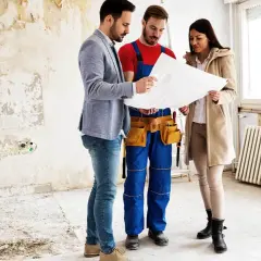 Inżynier, budowlaniec i klientka omawiają projekt. Zastanawiają się, co najpierw tynki czy wylewki, podczas remontu.