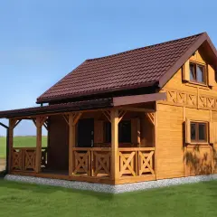 Drewniany domek letniskowy z werandą, idealny na wypoczynek. Zastanawiasz się, ile kosztuje domek letniskowy?