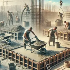 Budowlańcy pracują na budowie, przygotowując beton. Czas, ile schnie zaprawa cementowa, zależy od wielu czynników.