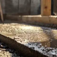 Świeży beton na budowie, w świetle słońca widać drobinki. Zastanawiasz się, ile betonu z tony cementu?