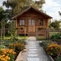 Uroczy domek na rod z kwitnącymi rabatami i kamienną ścieżką.