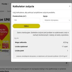 Kalkulator zużycia kleju do styropianu Weber. Oblicza ile wiader tynku na 200m2, podając wagę i liczbę opakowań.