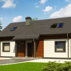 Nowoczesny domek 5x7 z poddaszem, z drewnianą elewacją i dużymi oknami, otoczony zielenią.