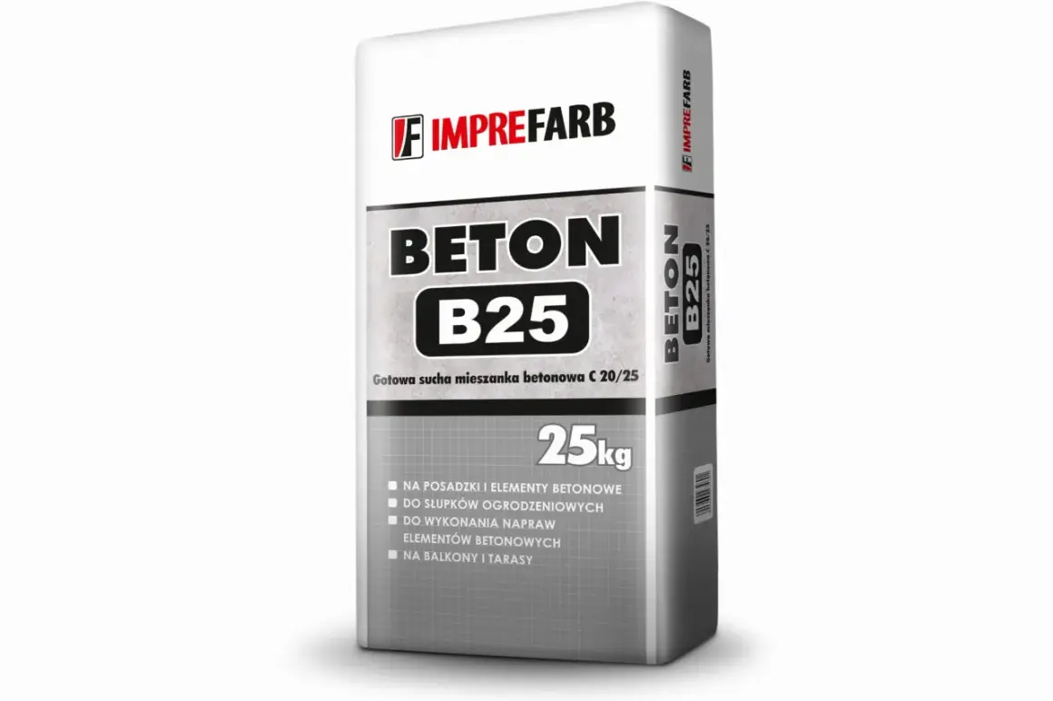 Worek betonu B25 marki IMPREFARB, gotowa sucha mieszanka 25kg do budowy, napraw i elementów betonowych.