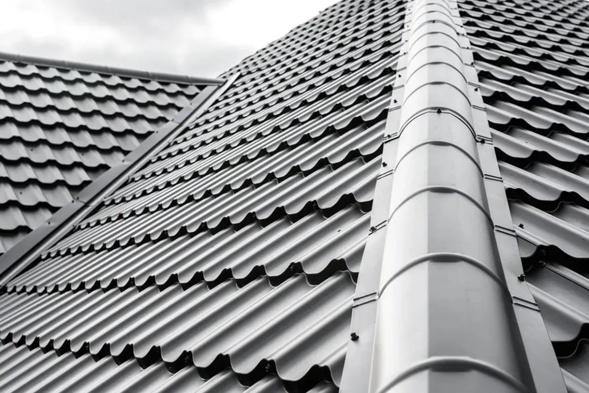 Szary dach z blachodachówki, która jest tańsza niż dachówka ceramiczna. Widoczny grzbiet dachu i jego nachylenie.