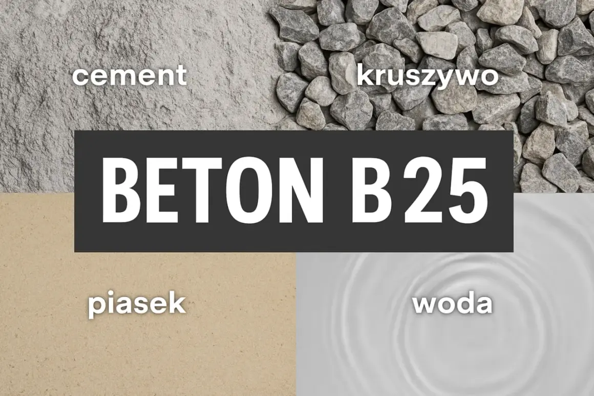 Składniki betonu B25: cement, kruszywo, piasek, woda. Z worka cementu uzyskasz beton.
