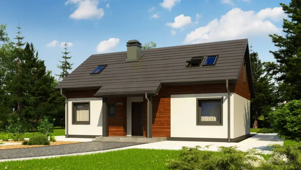 Nowoczesny domek 5x7 z poddaszem, z drewnianą elewacją i dużymi oknami, otoczony zielenią.