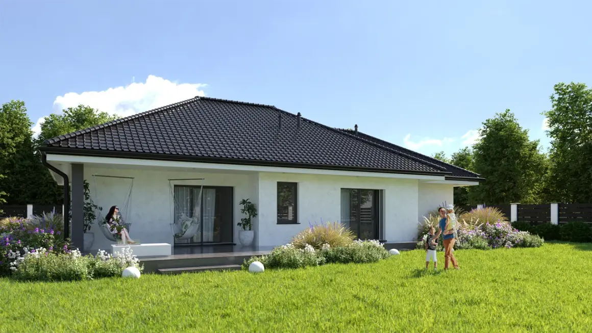 Marzysz o domu? Sprawdź, ile kosztuje budowa domu 150m2. Rodzina cieszy się ogrodem przy nowoczesnym domu.