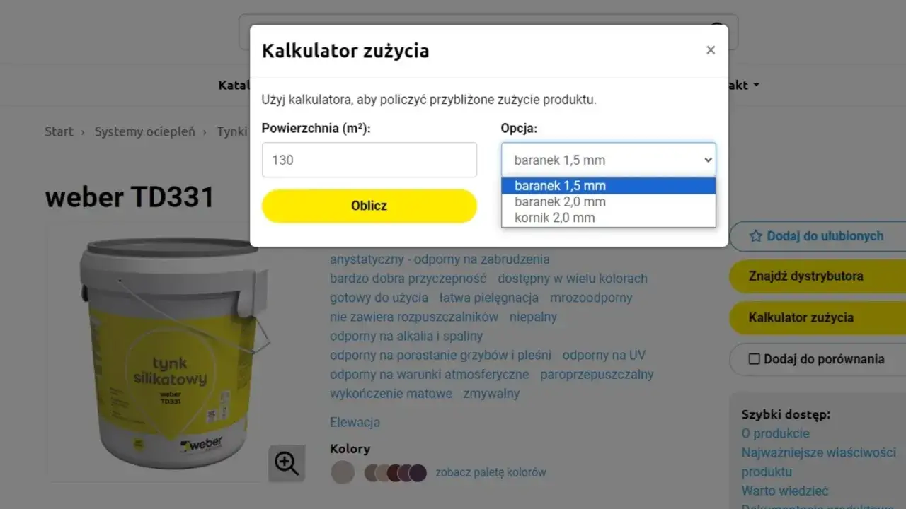 Kalkulator zużycia tynku weber TD331. Podaj powierzchnię (m2) i wybierz opcję