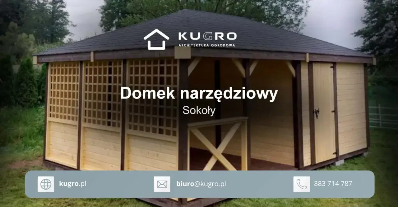 Drewniany domek narzędziowy bez zgłoszenia, idealny do ogrodu. Model Sokóły od Kugro.