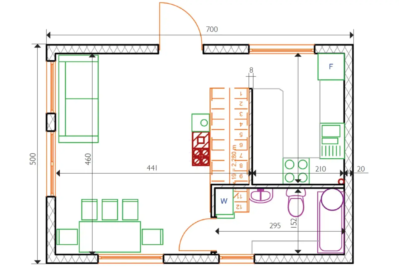 Projekt całorocznych domków 35m2 z poddaszem: salon, kuchnia, łazienka i sypialnia na antresoli.